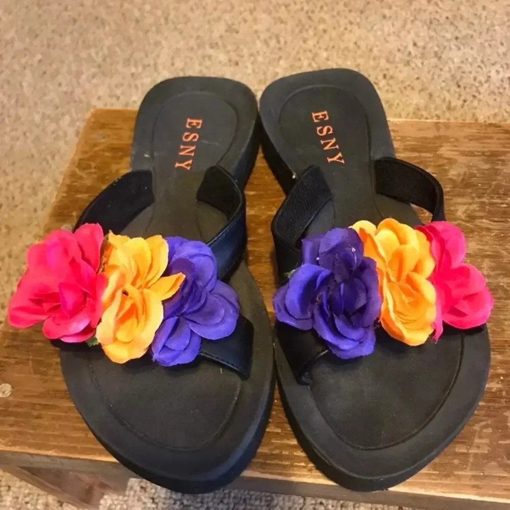 Esny Girly Women Black Floral Summer Comfortable Sandals Size 5/6
